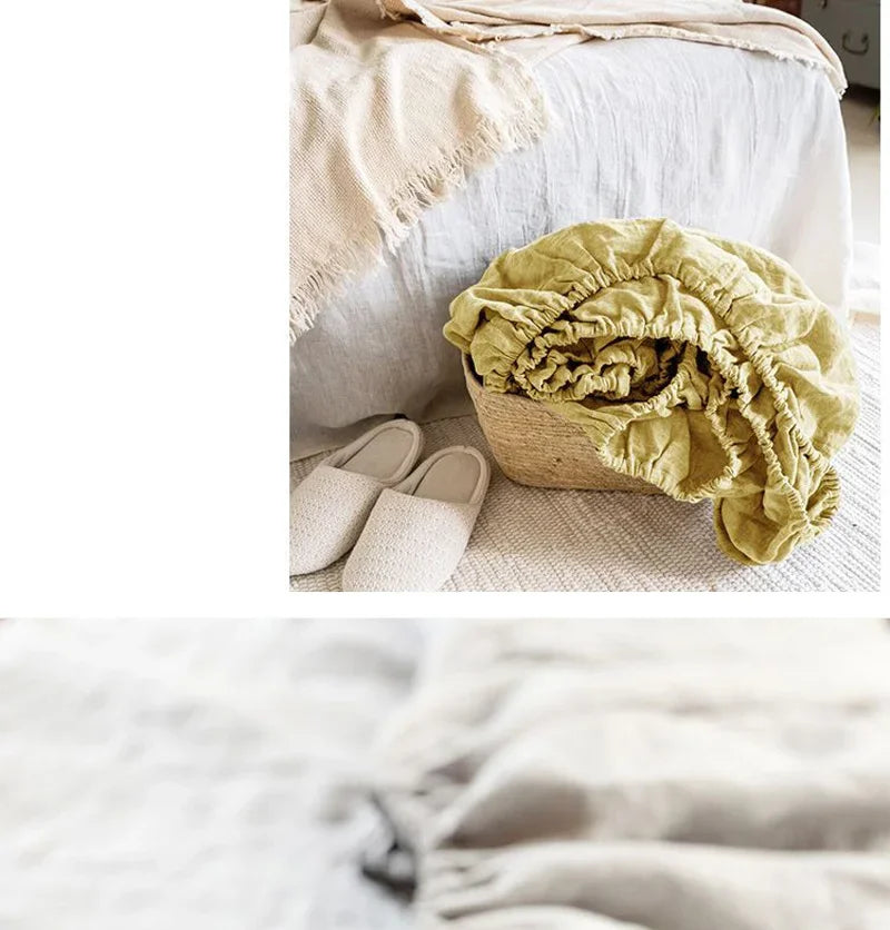 100% Linen Fitted Bed Sheet Mattress Cover Natural Washed French Flax Soft Natural Breathable Deep Pockets Farmhouse Bedding