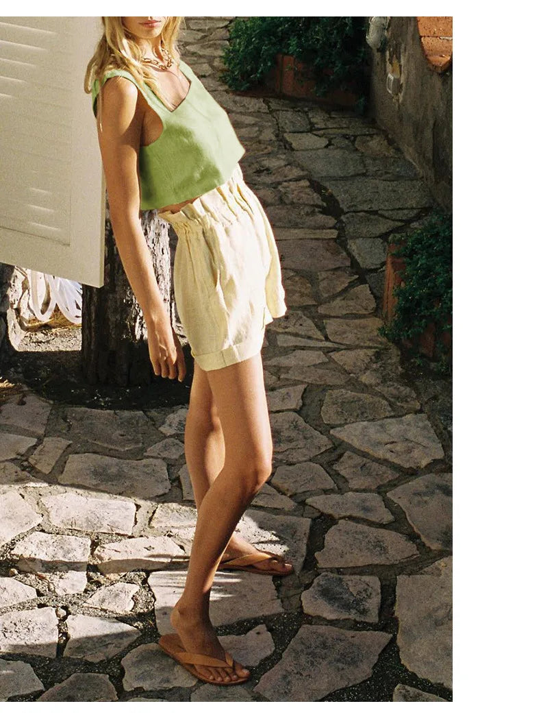 100% Linen White Crop Top 2024 Summer Vintage Square Collar Sleeveless Streetwear Green Top Fashion Clothing