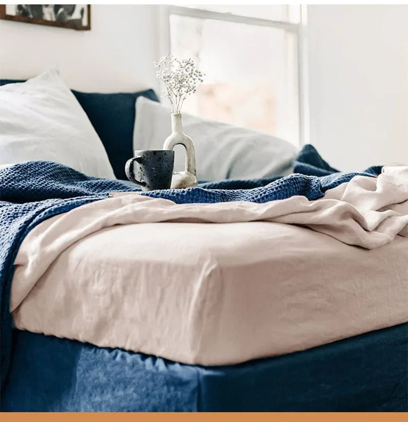 100% Linen Fitted Bed Sheet Mattress Cover Natural Washed French Flax Soft Natural Breathable Deep Pockets Farmhouse Bedding