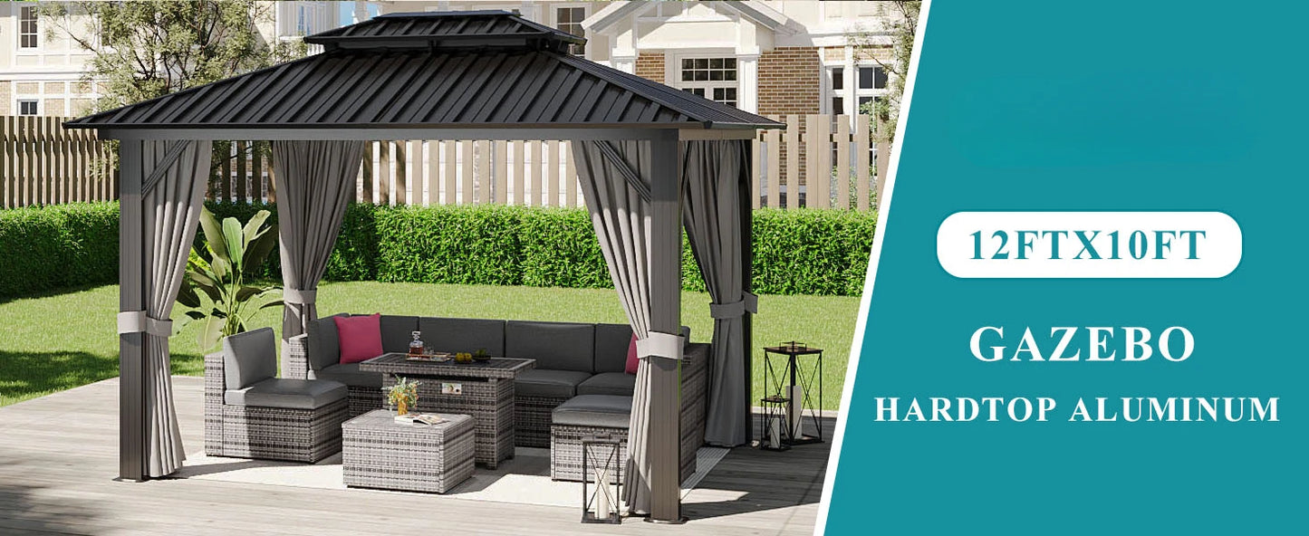 10'x12' Hardtop Gazebo, Aluminum Frame Canopy with Double Galvanized Steel Roof, Outdoor Metal Pavilion with Netting, Curtains