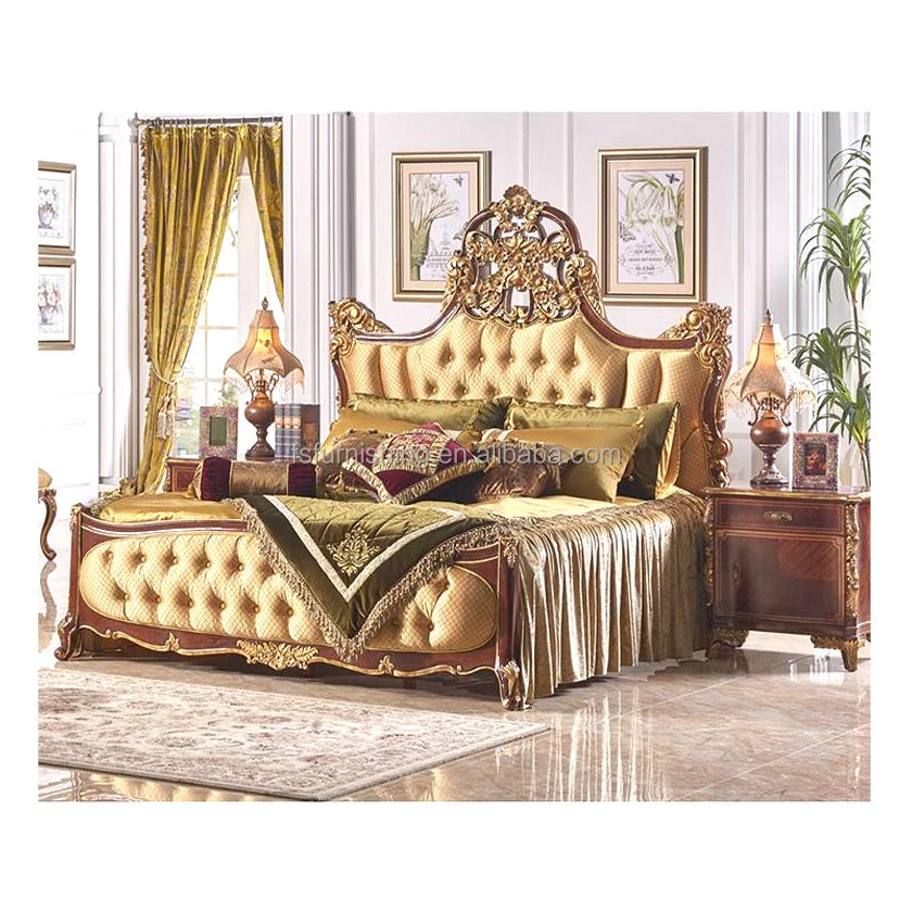 European Golden Solid Wood furniture Hand Carving Canopy Bed King Size Classical Luxury Gold Bedroom king size bed