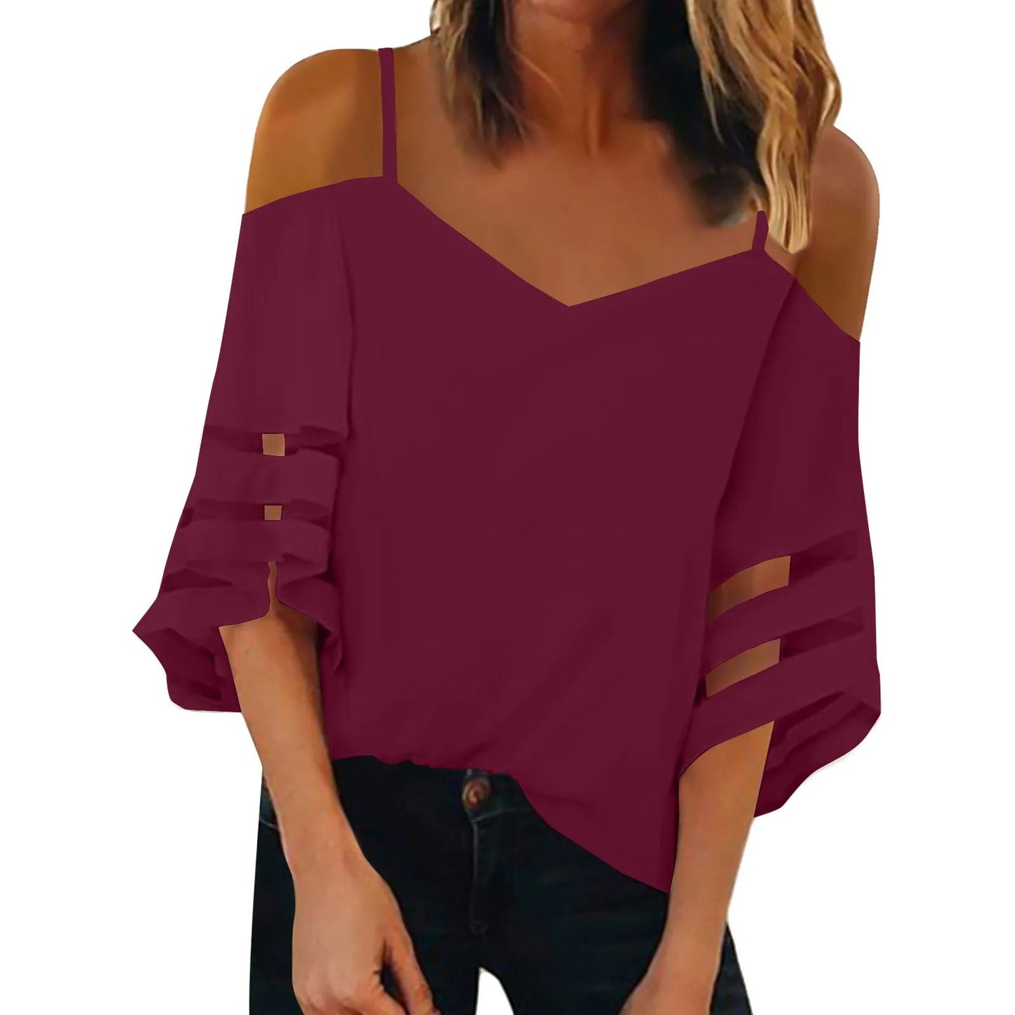 Women'S 3/4 Sleeve Tops Fashion Loose V-Neck Solid Color Casual Shoulder Strap Top Daily Commute Elegant All-Match Comfy Tops