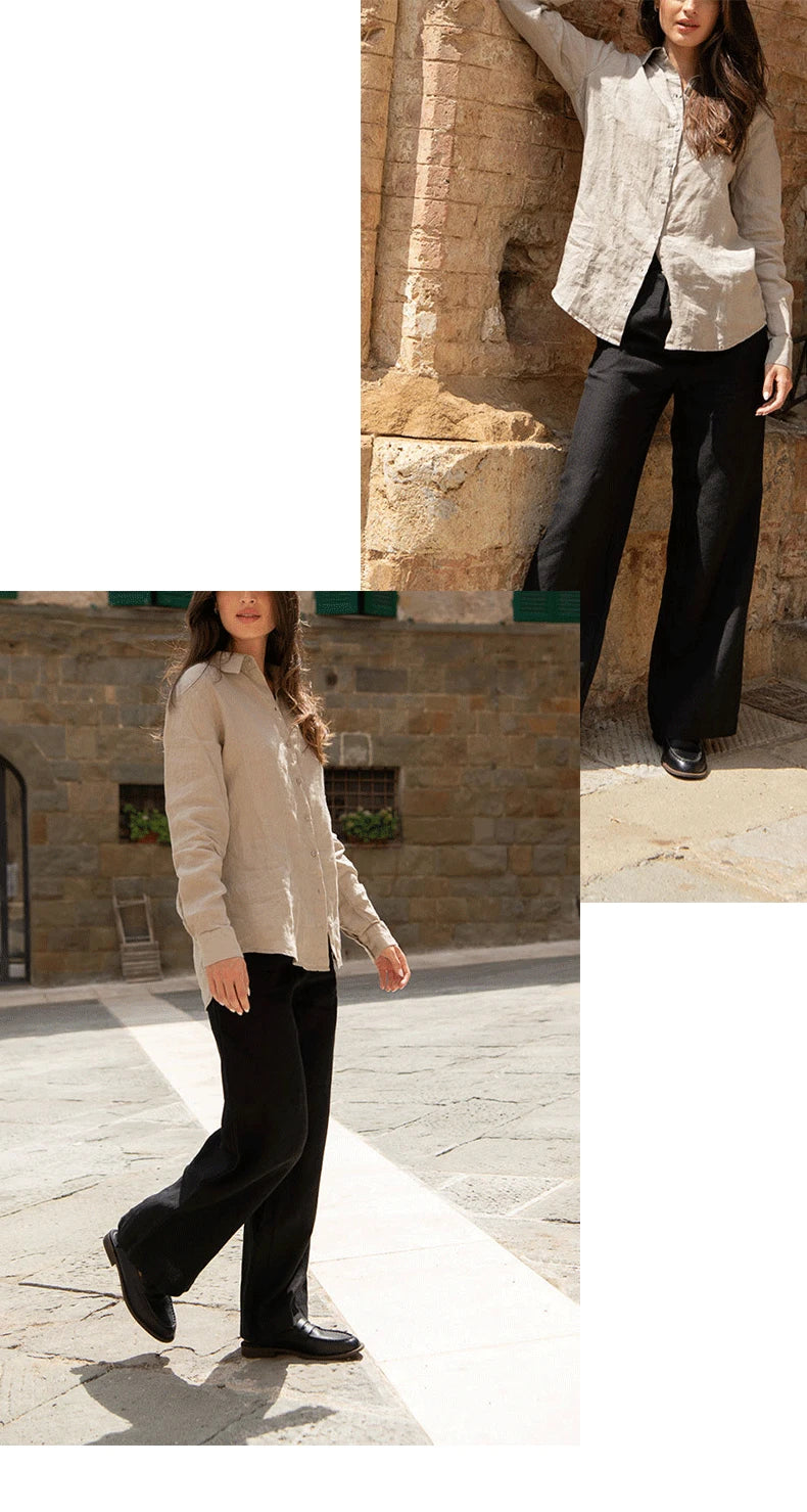 100% Linen French Ladies White Shirt 2024 Spring New Chic Casual Linen Slim Cardigan Tops Office Women's Long Sleeved Shirts
