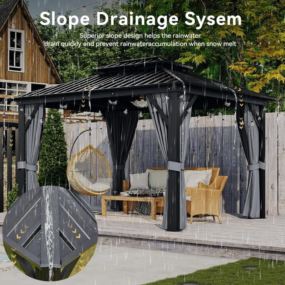 10'x12' Hardtop Gazebo, Aluminum Frame Canopy with Double Galvanized Steel Roof, Outdoor Metal Pavilion with Netting, Curtains