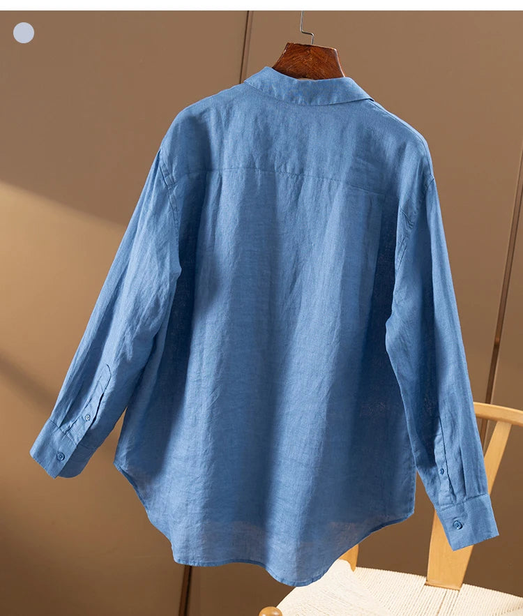 100% Linen Simple French High-quality Long-sleeved Shirt Women Autumn New Shirts for Women Blusas Mujer De Moda Verano