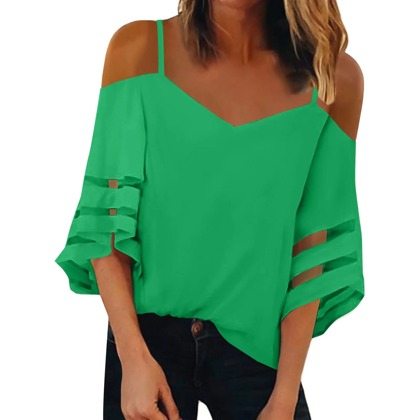 Women'S 3/4 Sleeve Tops Fashion Loose V-Neck Solid Color Casual Shoulder Strap Top Daily Commute Elegant All-Match Comfy Tops