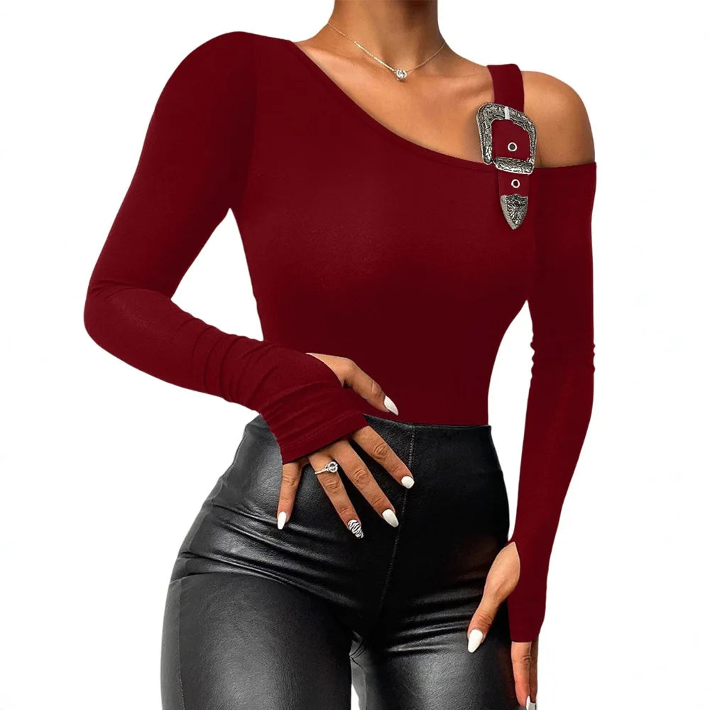 Women Long Sleeve Slim Fit Tops Casual Cold Shoulder Buckled Blouse Shirts
