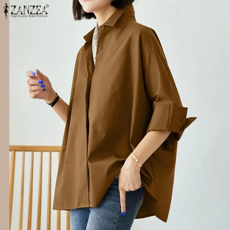 ZANZEA Women Lapel Neck Blouse Fashion OL Work Tops Casual 3/4 Sleeve Holiday Tops Oversize Chemise Female Loose Buttons Blusas