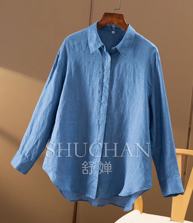 100% Linen Simple French High-quality Long-sleeved Shirt Women Autumn New Shirts for Women Blusas Mujer De Moda Verano