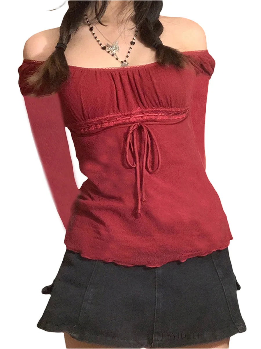 Y2k Long Sleeve Lace Crop Top Fairy Grunge Tee Shirt Patchwork Slim Fit T-Shirt Kawaii Aesthetic Streetwear Tie up 2 Piece Tops