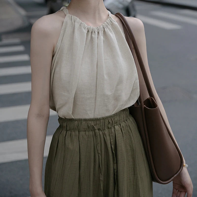 100% Linen Sexy Halter Women Summer Top Solid Sleeveless Back Bandage Tie Up Korean Harajuku Tank Tops Vintage Clothes