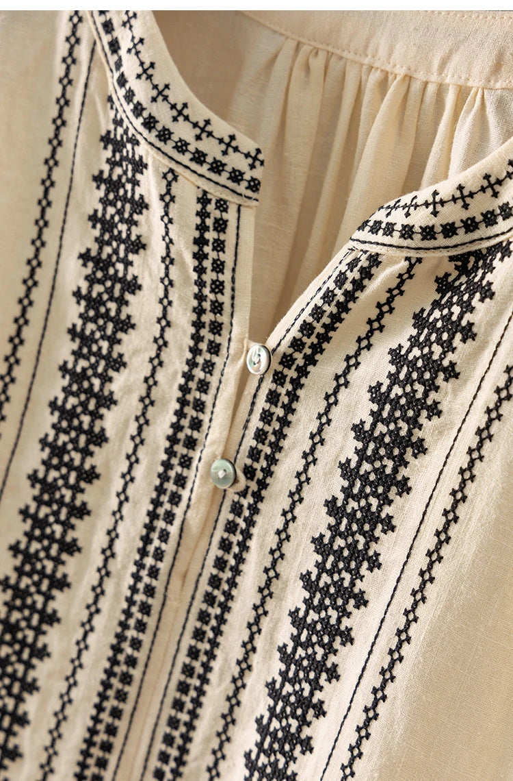 100% Linen Five-Sleeve Embroidered Shirt Women Blusas Femininas Women Tops Shirts for Women Blusas De Mujer