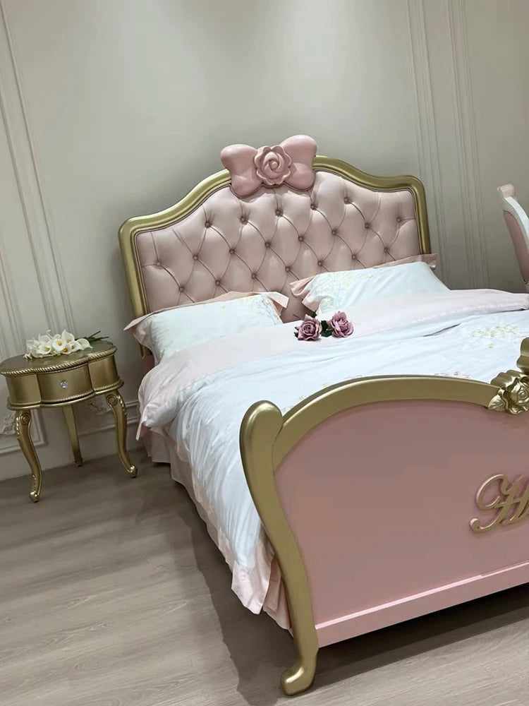 Green pure solid wood cartoon Hello KT children's bed Girl Princess bed Leather soft bag bed Dream pink single bed