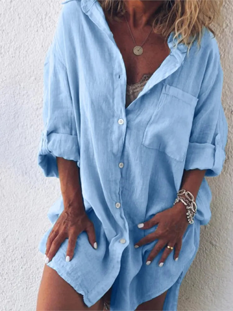 Women's Summer New Fashion Cotton Linen Pocket Beach Button Long Sleeved Shirt Casual And Comfortable Plus Size Women's Clothing