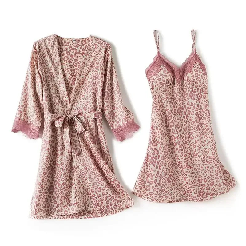 Women Satin Lace Kimono Bath Gown With Chemise Nightgown 2PCS Leopard Robe Set Sexy V-Neck Suspender Nightdress&Bathrobe Suit