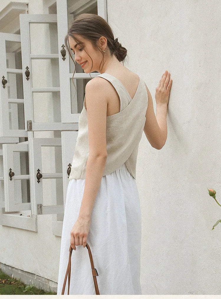 100% Linen Top Women Casual Solid Back Cross Patchwork Tank Top Summer Tops Haut Femme Women'S Clothing Offer Free Shipping
