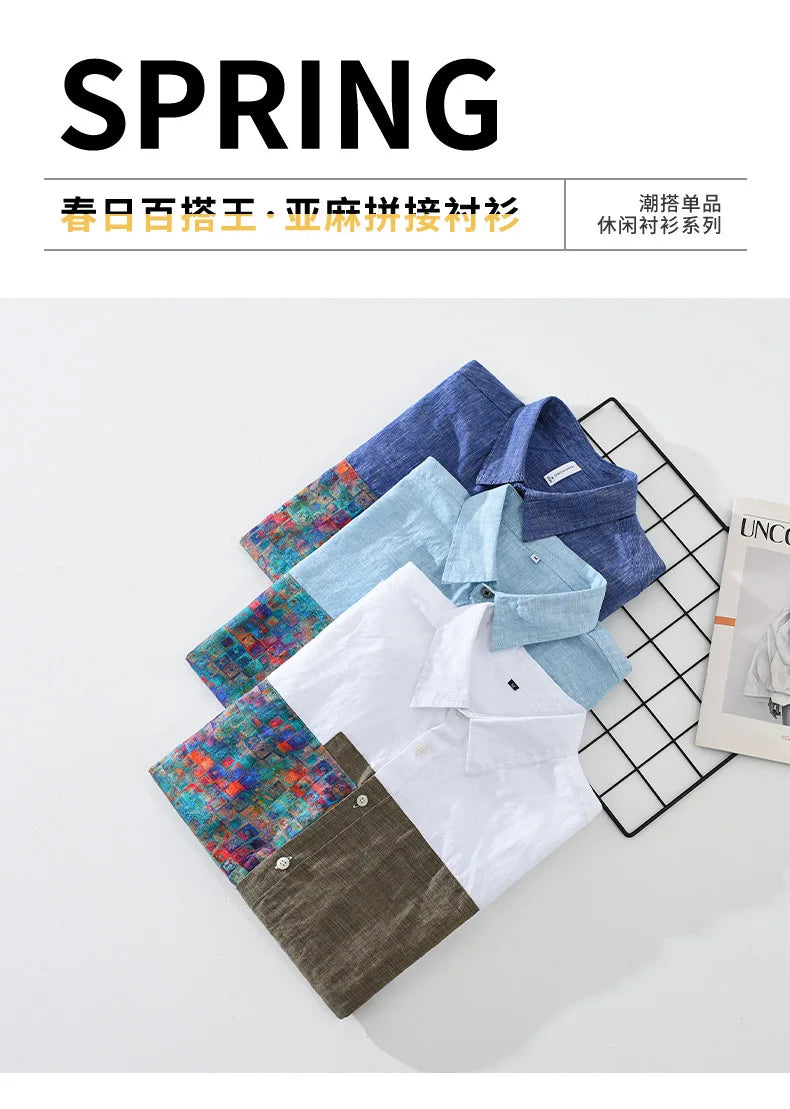 100% Linen Yarn-dyed Patchwork Men's Shirts 2024 Spring New Fashion Artsy Blouse for Youth Man Casual Loose Long Sleeve Tops
