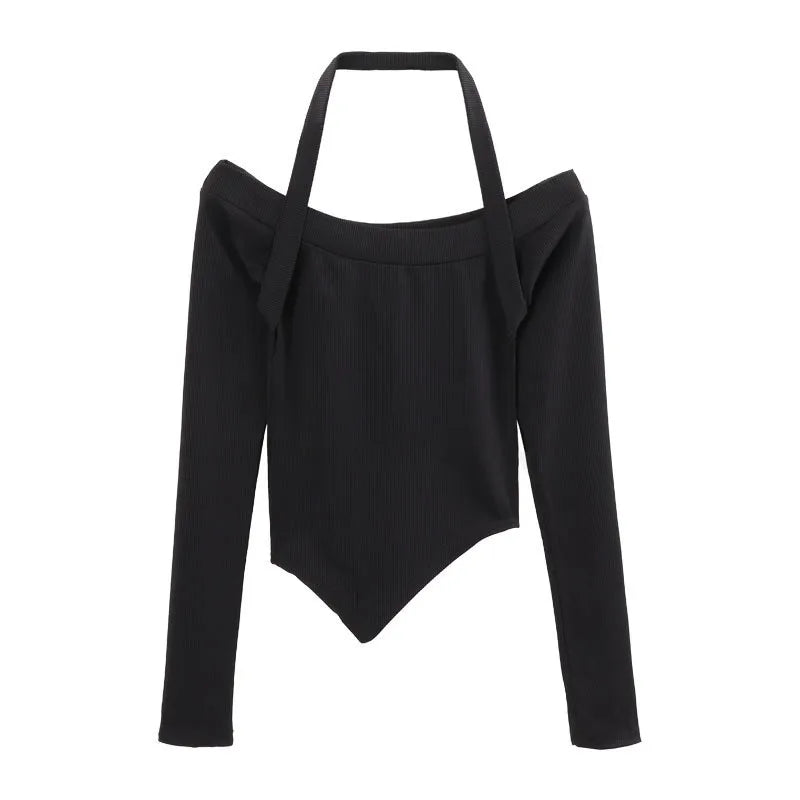 2024 Sexy Halter Off Shoulder Crop Tops Woman Long Sleeve Black Kpop Y2K T-shirt Women Slim Sexy Vintage Tee Shirt New Autumns