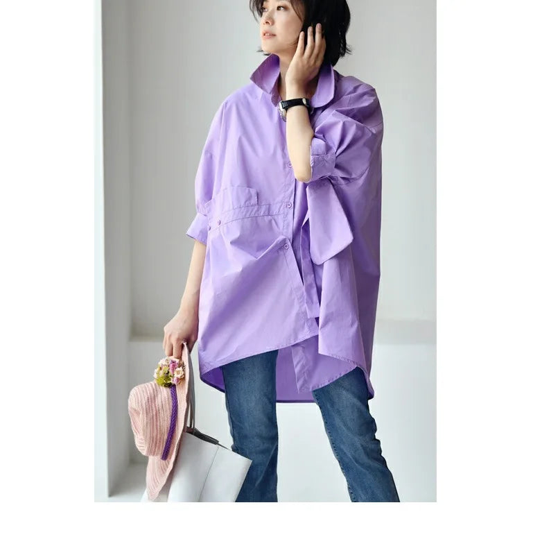 Women's Irregular Cotton Lapel Five-Point Sleeve Blouse, Large Size Shirt, Elegant Blouses for Youth, Medium Length