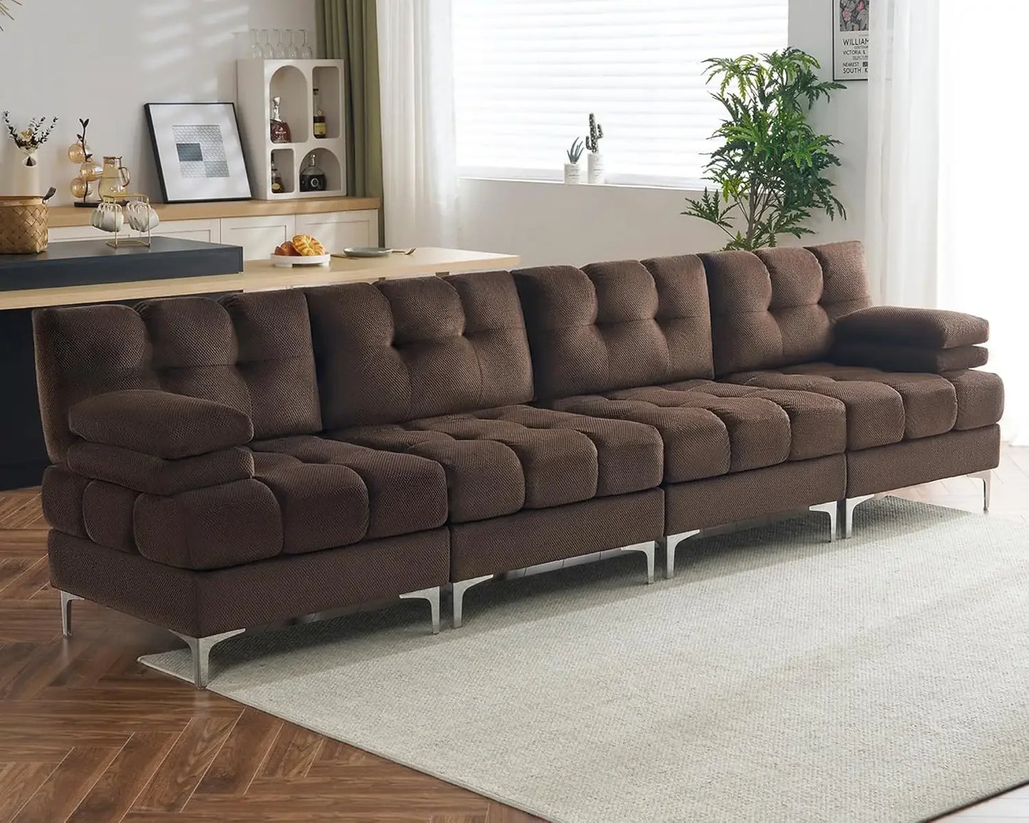 124 Inch Sectional Sofa, 4 Seater Modular Sectional Couch with Metal Legs, Modern Sofa Couch for Living Room, Dark Brown