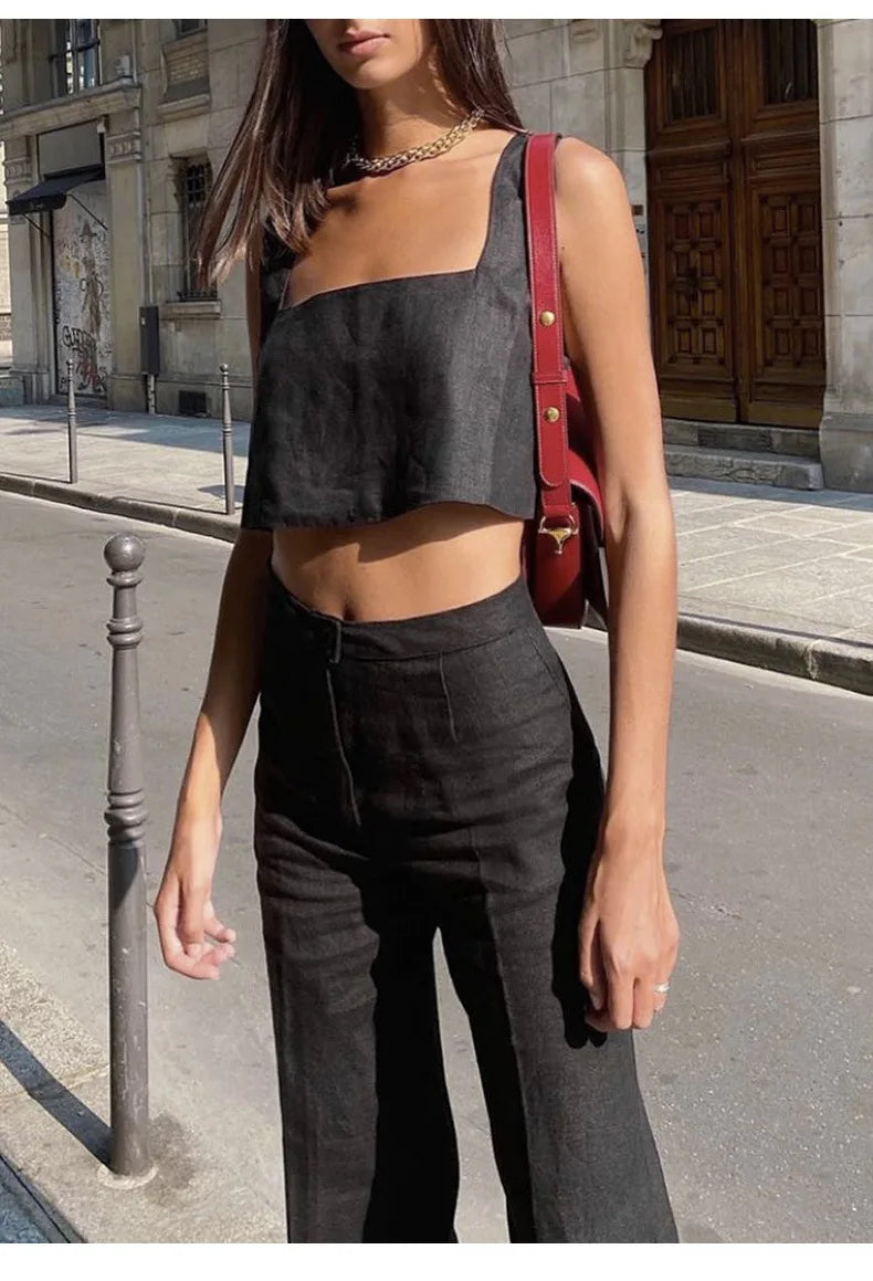 100% Linen White Crop Top 2024 Summer Vintage Square Collar Sleeveless Streetwear Green Top Fashion Clothing
