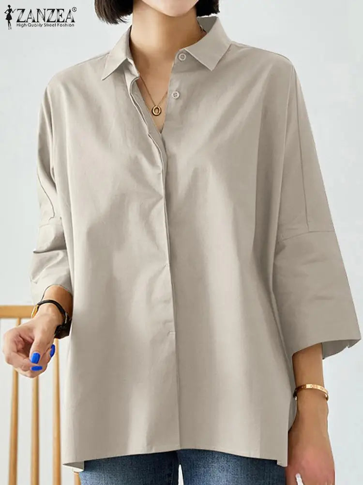 ZANZEA Women Lapel Neck Blouse Fashion OL Work Tops Casual 3/4 Sleeve Holiday Tops Oversize Chemise Female Loose Buttons Blusas