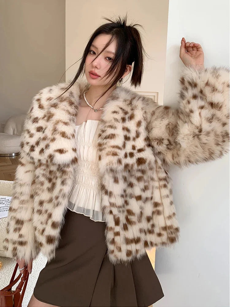 Natural Leopard Fox Fur Women Jacket Short Fashion Strip Sewed Toghter High Quality Sheepskin Real Coat Winter Clothing