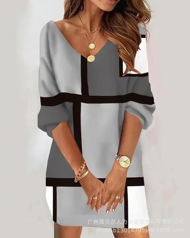 Women V-Neck Fleece Lace Off-Shoulder Dress Long Sleeve Fashion Casual Sexy Mini Dress