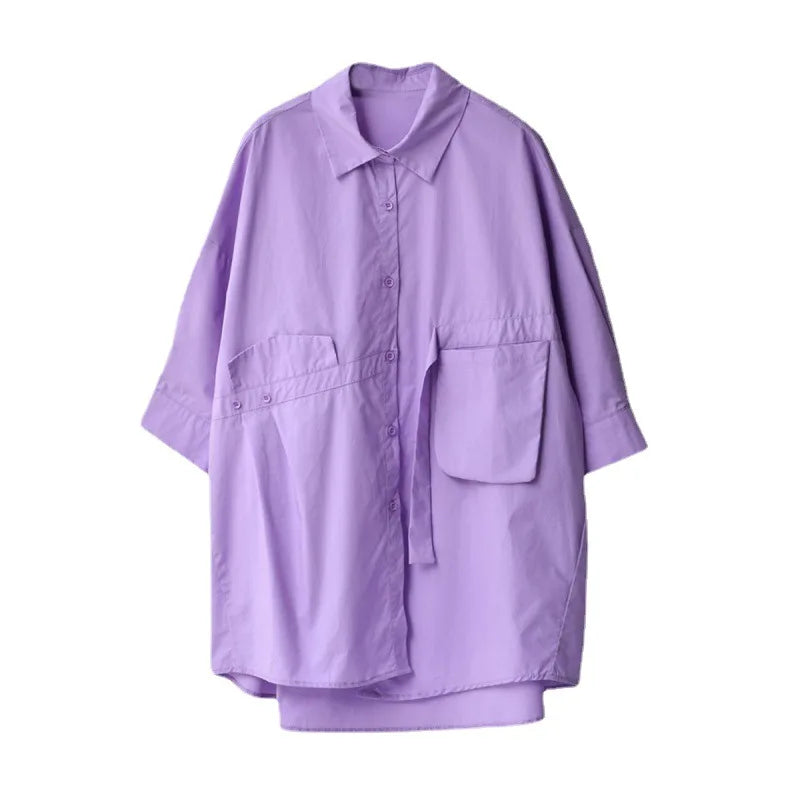 Women's Irregular Cotton Lapel Five-Point Sleeve Blouse, Large Size Shirt, Elegant Blouses for Youth, Medium Length