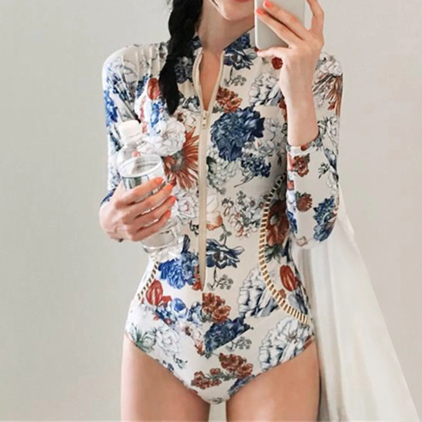 Women Long Sleeve Bathing Suits Vintage Floral Printed Hollow Out Fashion Swimwear Women Front Zipper Up Sexy Surfing Suit