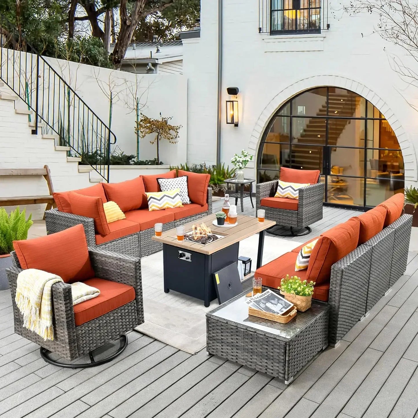 11 Pieces Outdoor Patio Furniture Set, Garden Furniture Sets with Fire Pit, Swivel Glider Chairs for Poolside Lawn Backyard