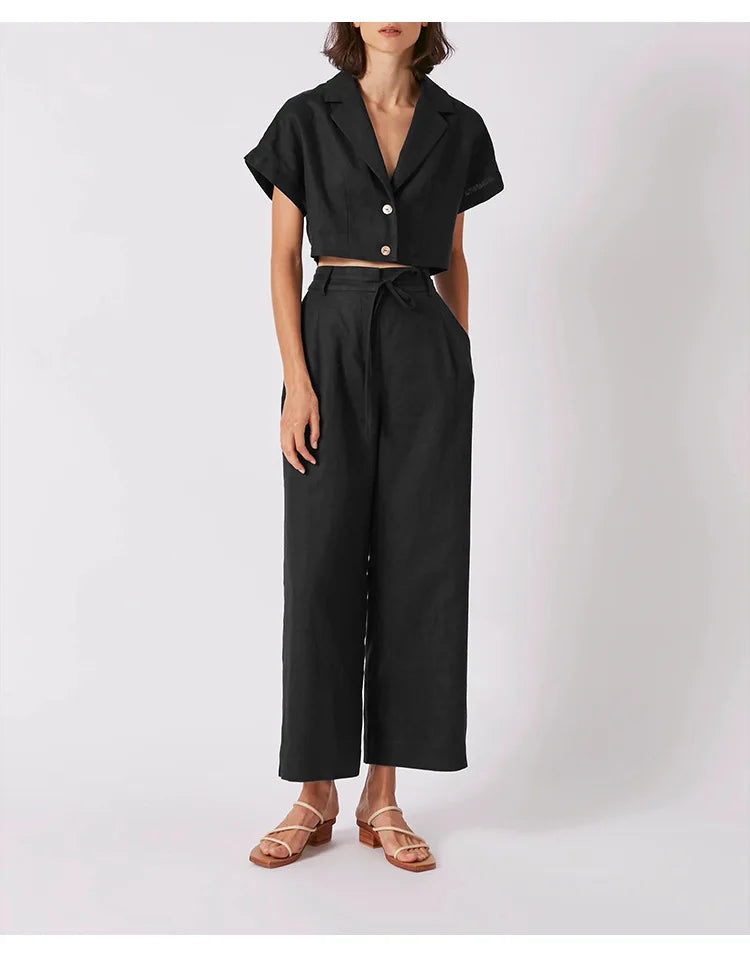 100% Linen Women'S Shirt Vintage Notched Collar Short Sleeve Button Up Shirts Elegant Fashion Woman Blouses 2024 Blusas Feminina