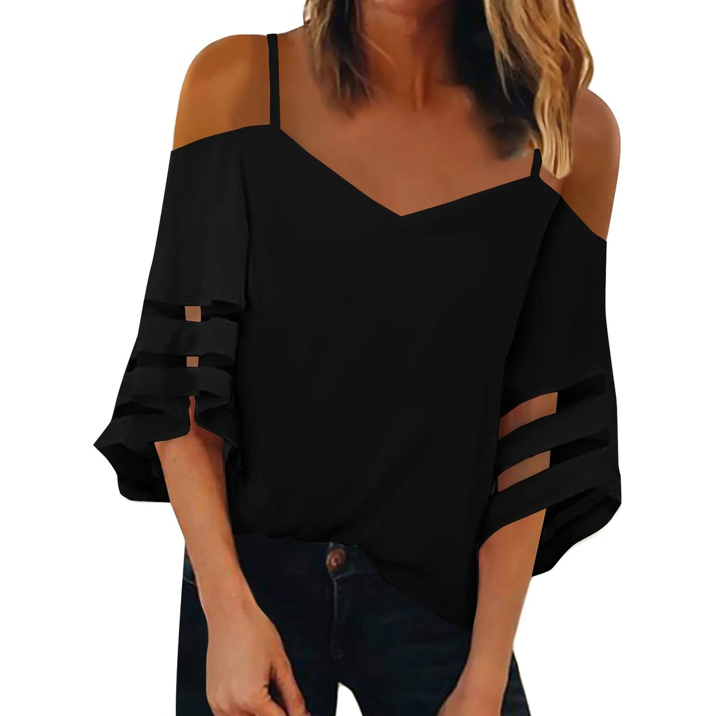 Women'S 3/4 Sleeve Tops Fashion Loose V-Neck Solid Color Casual Shoulder Strap Top Daily Commute Elegant All-Match Comfy Tops