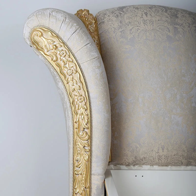 European-style Solid Wood Beech Carved Gold Leaf Luxury Master Bedroom Furniture Quality Double Bed White Flashing Silver Italia