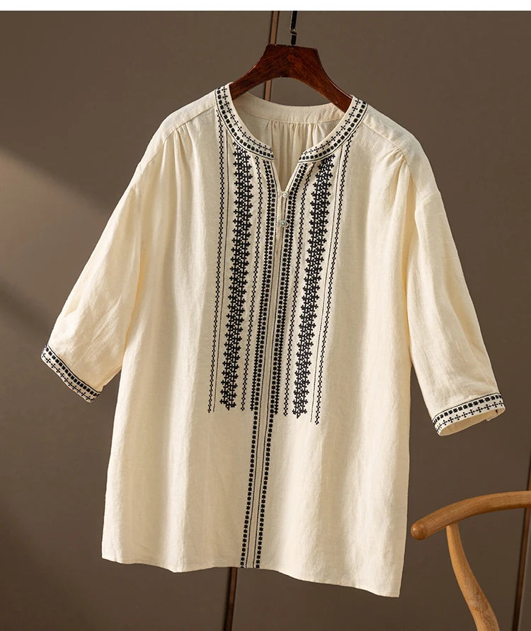 100% Linen Five-Sleeve Embroidered Shirt Women Blusas Femininas Women Tops Shirts for Women Blusas De Mujer