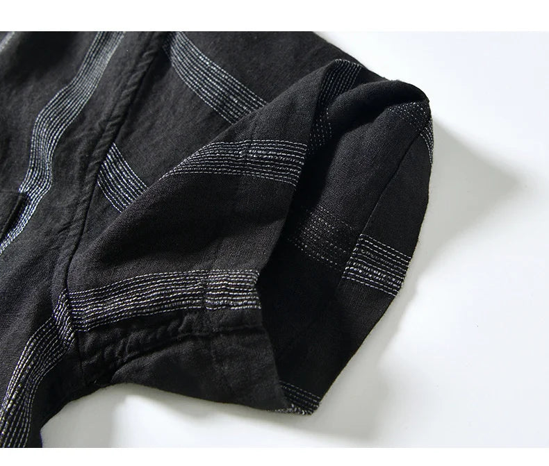 100% Linen Men's Short Sleeve Shirt Japanese Chest Pocket Striped Stand Collar Shirts Casual Summer Comfortable Tops Shirt Man