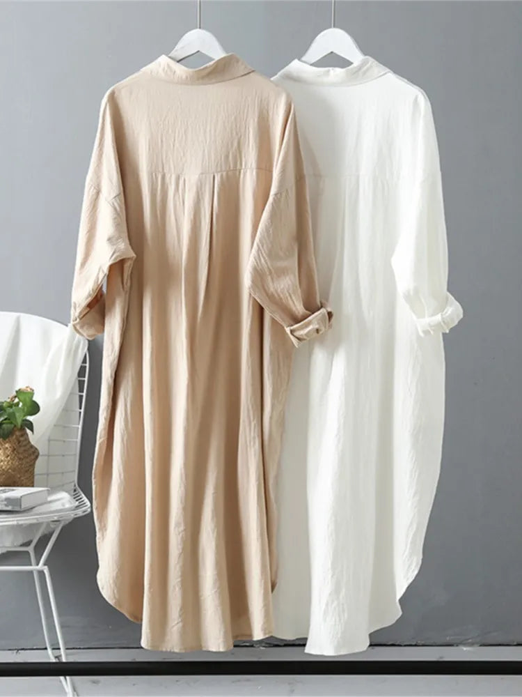 Women Loose Cotton Linen Cardigan Long Shirts Casual Blouses Female Fashion Elegant Outerwear Monochromatic Tee Clothes Summer
