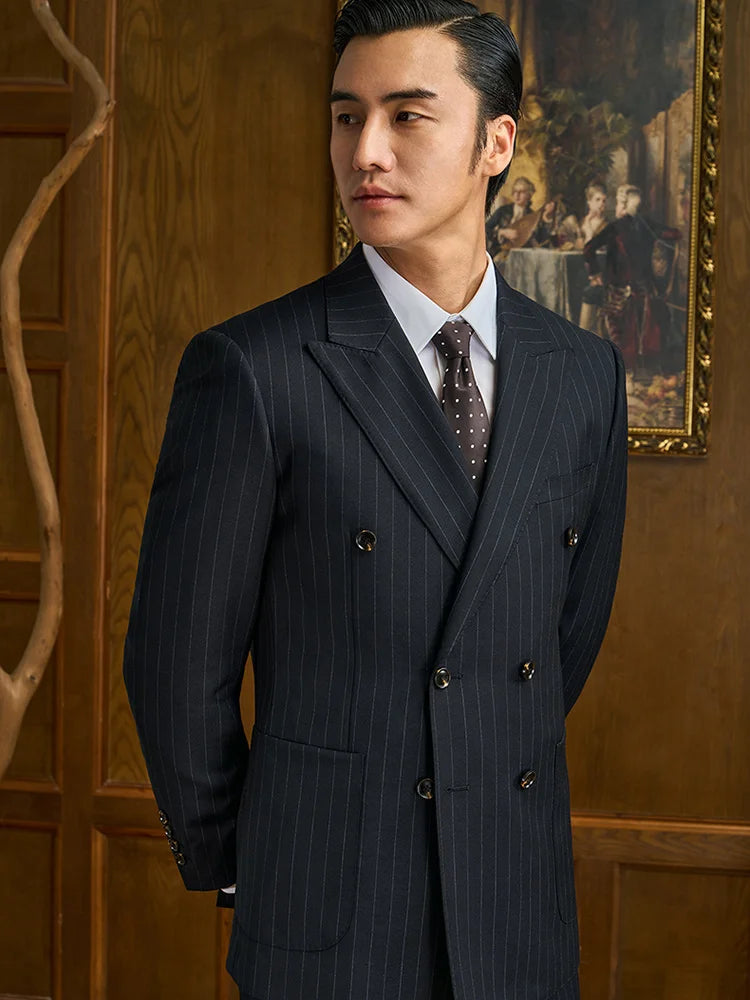 100% Wool Suits For Men Blazer Sets Jacket Vest Pant Double Breasted Striped 2022 Wedding Groom Wear Slim Fit Daily Clothing