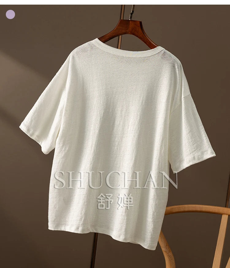 100% Linen Knitted High-quality Casual Loose Round Neck Short-sleeved T-shirt Women Short Sleeve Shirts for Women