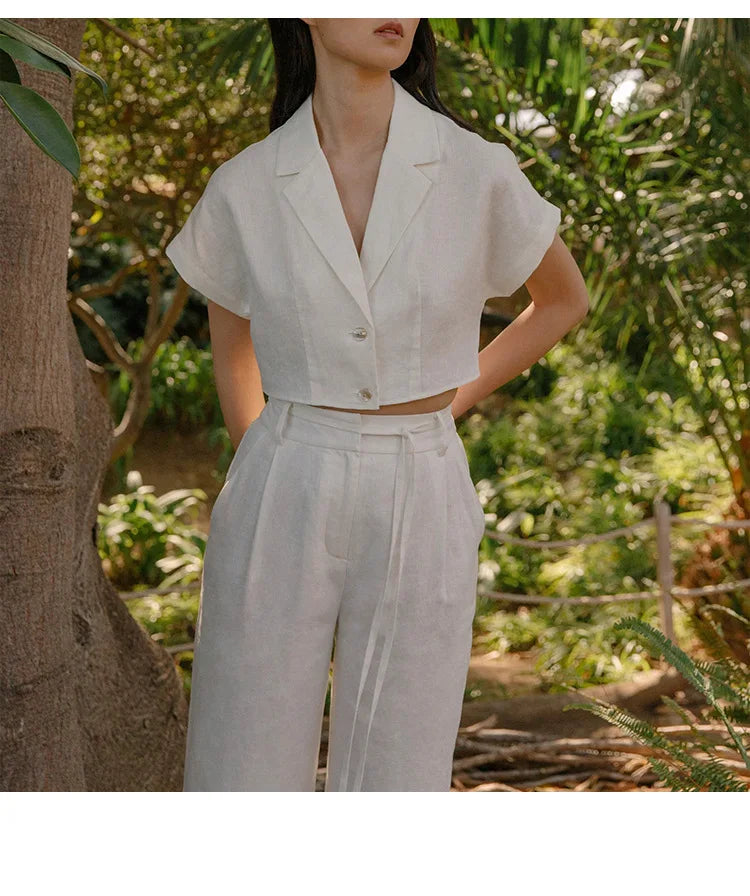 100% Linen Women'S Shirt Vintage Notched Collar Short Sleeve Button Up Shirts Elegant Fashion Woman Blouses 2024 Blusas Feminina