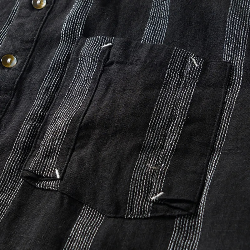 100% Linen Men's Short Sleeve Shirt Japanese Chest Pocket Striped Stand Collar Shirts Casual Summer Comfortable Tops Shirt Man