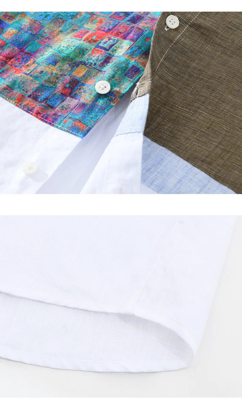 100% Linen Yarn-dyed Patchwork Men's Shirts 2024 Spring New Fashion Artsy Blouse for Youth Man Casual Loose Long Sleeve Tops