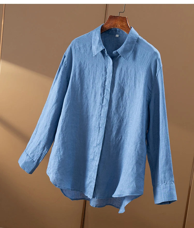 100% Linen Simple French High-quality Long-sleeved Shirt Women Autumn New Shirts for Women Blusas Mujer De Moda Verano