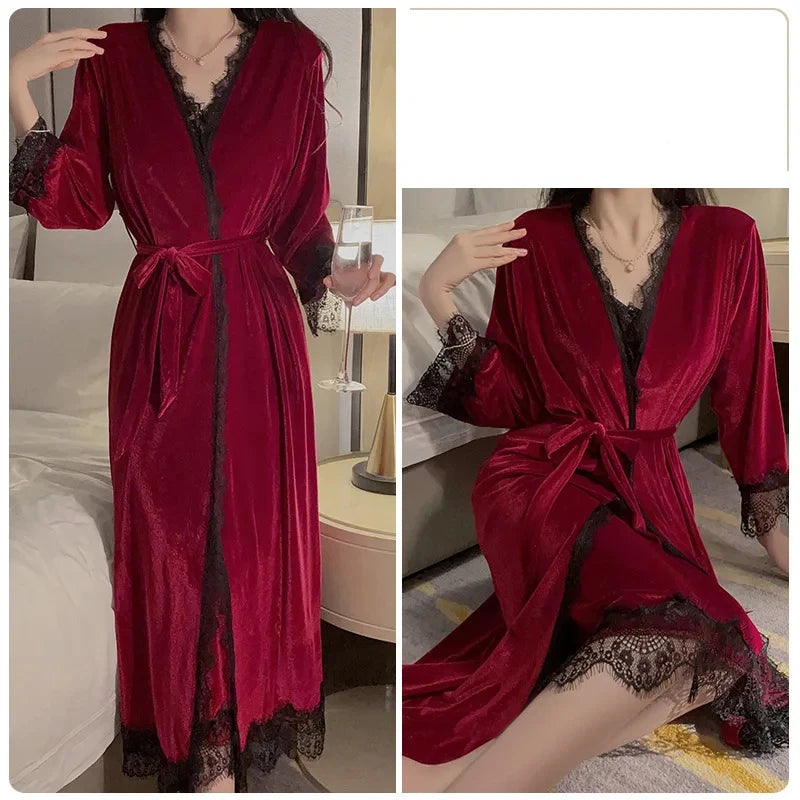 Women Warm Velour Homewear Pink Bathrobe Set Cami Sleepwear Winter Robe Suit Loungewear Sexy Nightgown Long Kimono Robe
