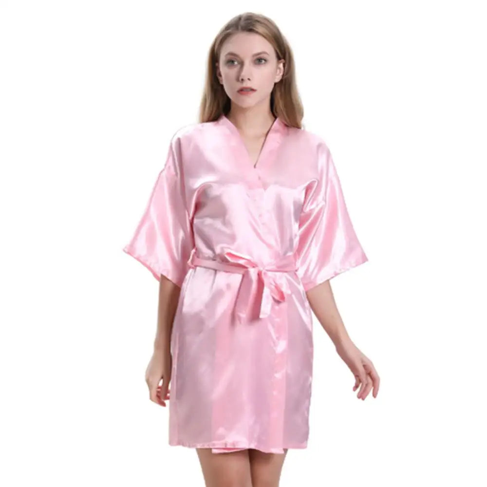 Women Summer Solid Color Ice Silk Nightdress Midi Dress Bath Robe Waist Belt Sleepwear Nightgown Lady Homewear