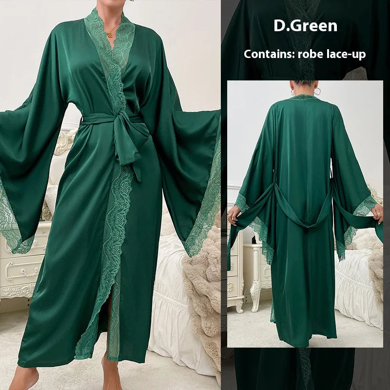 Women's New Sexy Satin Robe Pajamas Homewear Lace Light Luxury Long-Sleeved Ice Silk Robe Bathrobe Homewear Sexy Pajamas