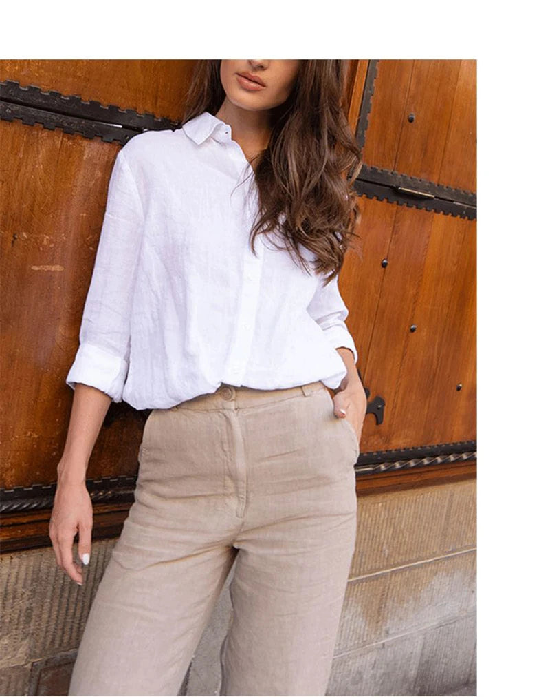 100% Linen White Shirts And Blouses Turn Down Collar Long Sleeve Tops Chic Elegant Ol Women'S Shirt Camisas De Mujer