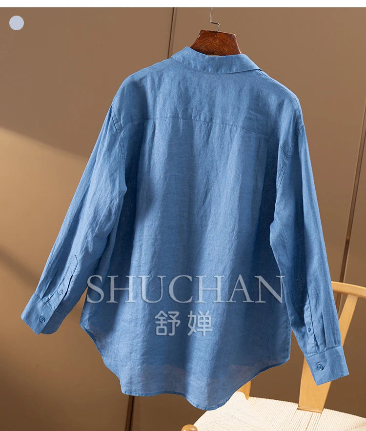 100% Linen Simple French High-quality Long-sleeved Shirt Women Autumn New Shirts for Women Blusas Mujer De Moda Verano