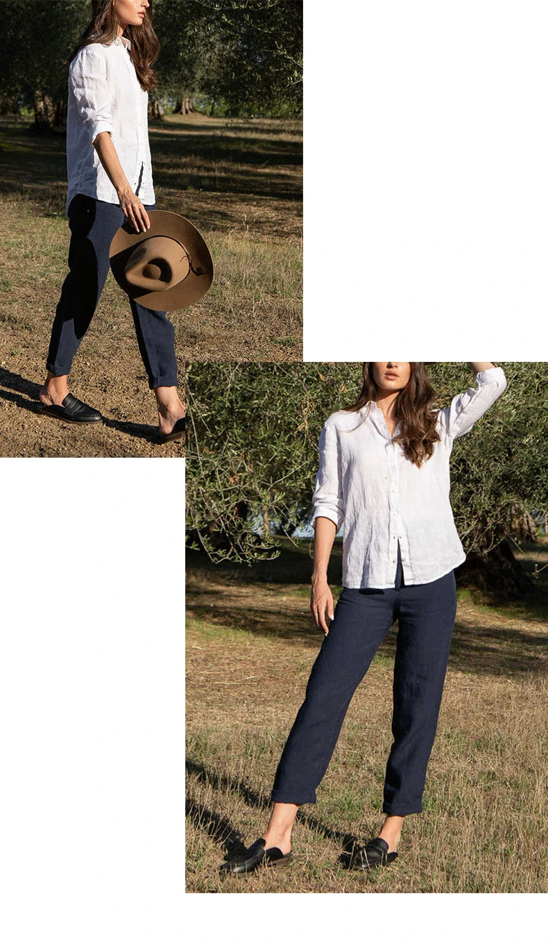 100% Linen French Ladies White Shirt 2024 Spring New Chic Casual Linen Slim Cardigan Tops Office Women's Long Sleeved Shirts