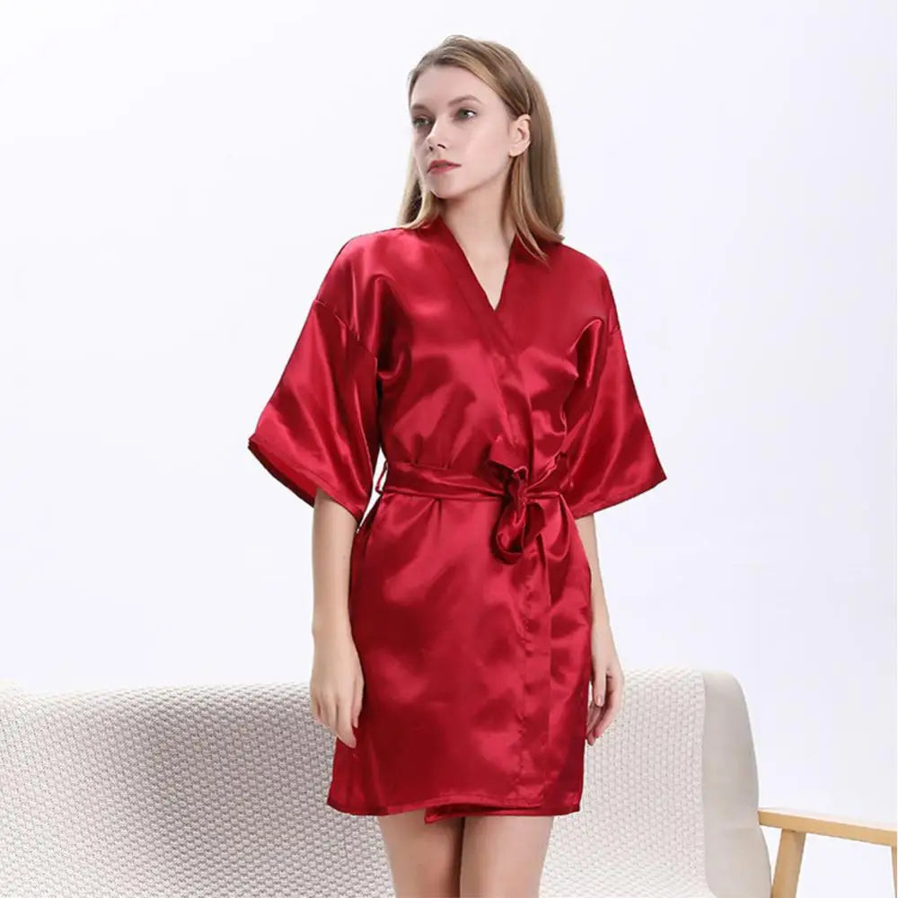 Women Summer Solid Color Ice Silk Nightdress Midi Dress Bath Robe Waist Belt Sleepwear Nightgown Lady Homewear